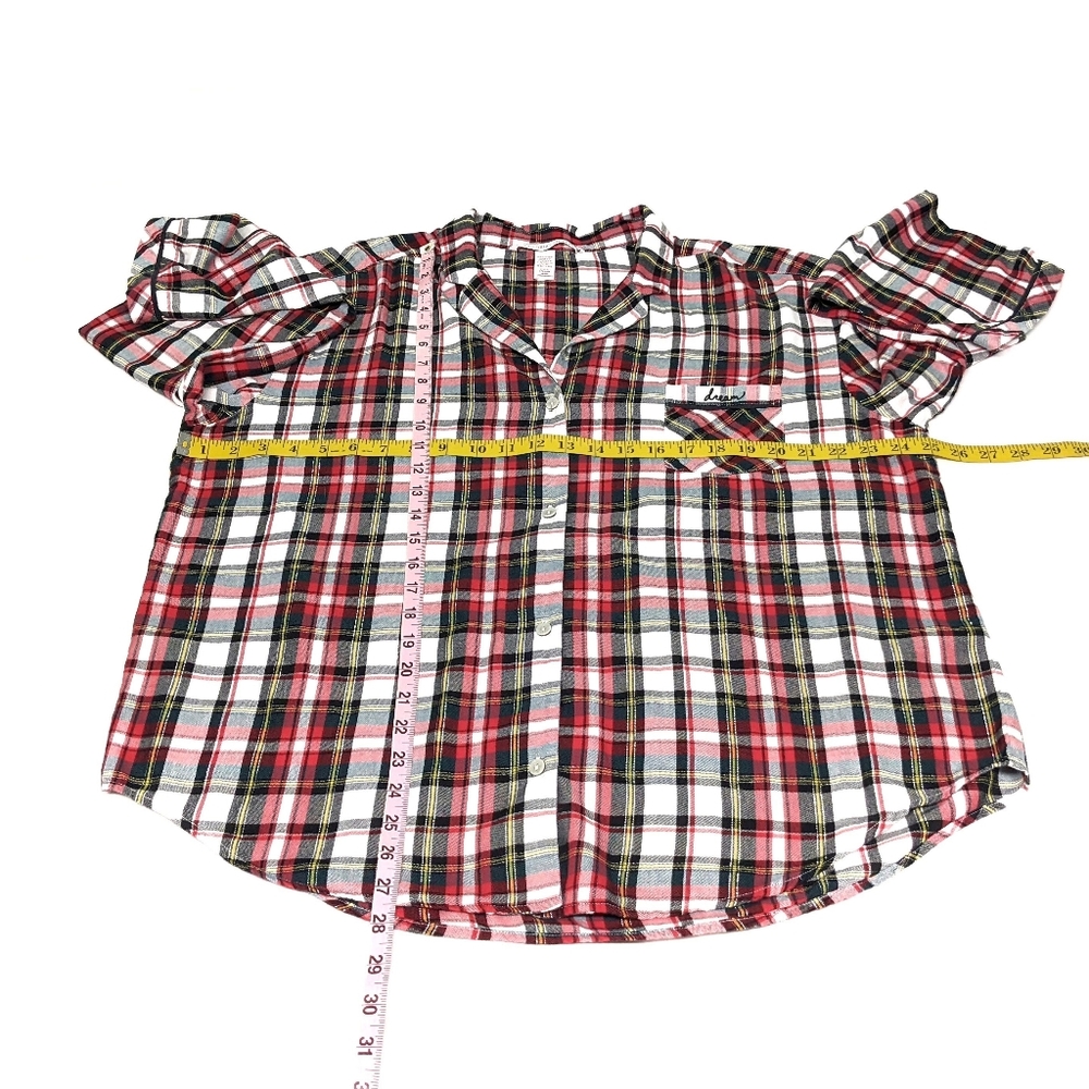 Victoria Secrets 2 piece Pajama plaid red white black yellow front tie on pants - Picture 3 of 12